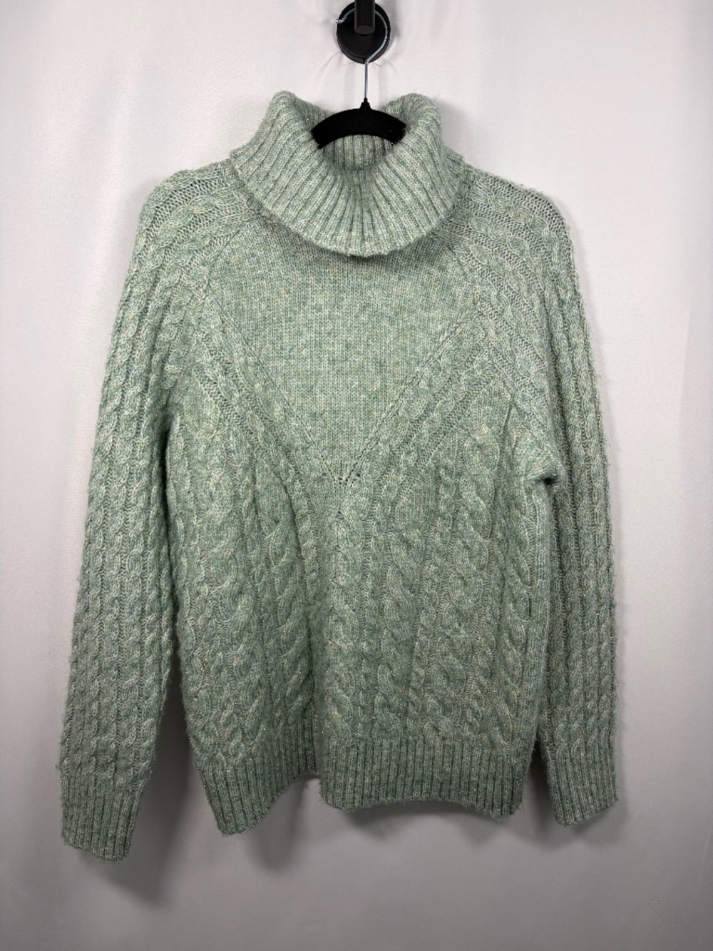 Style & Co Sage Green Sparkle Relaxed Pullover Cable Knit Turtleneck Sweater - M